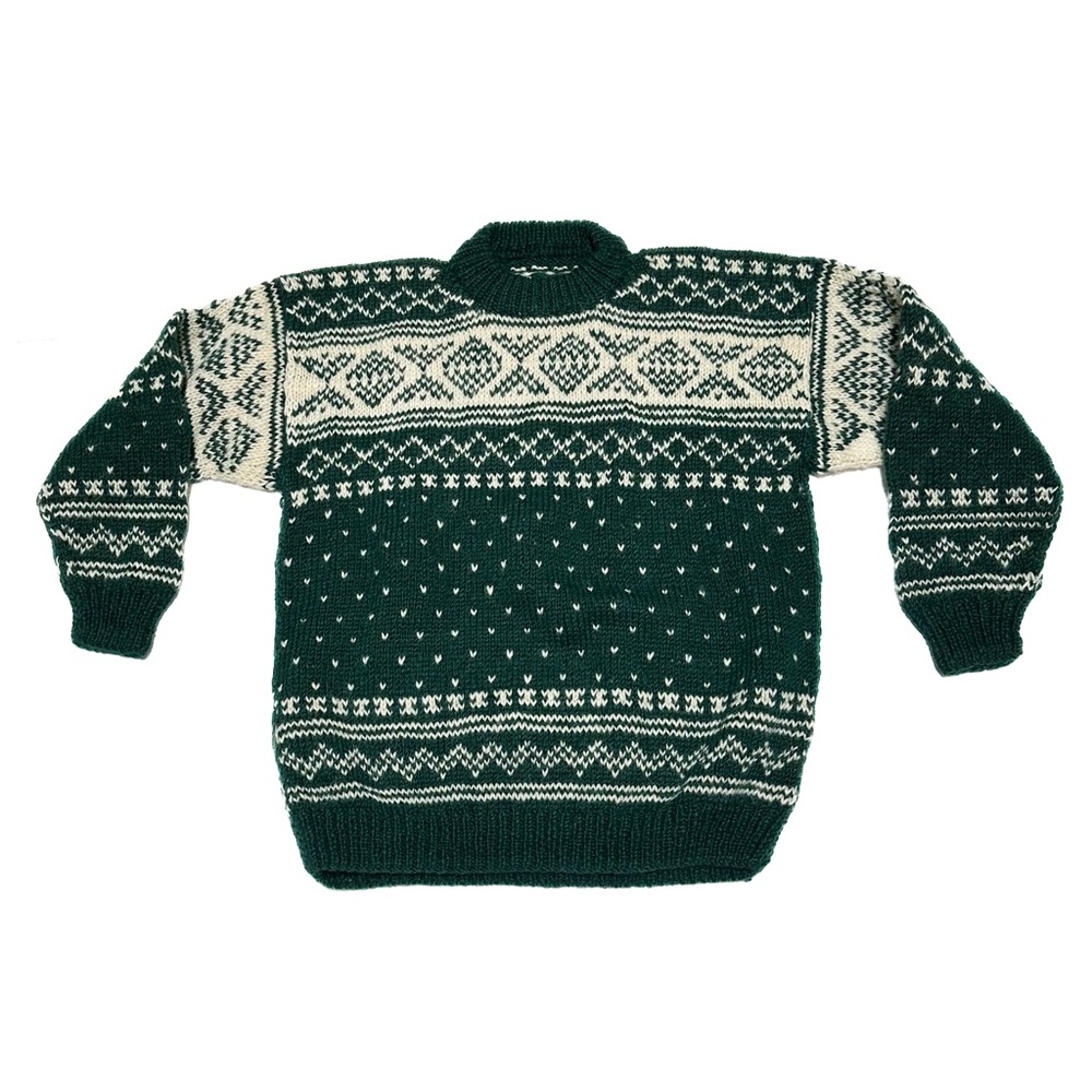 Vintage 90s Chunky Wool Evergreen Pattern Sweater Handmade by Tibetan Refugees
